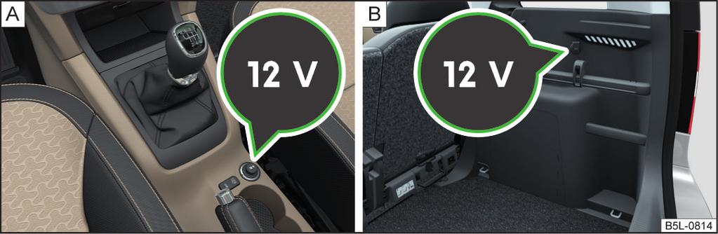 Πρίζα 12 Volt Οι πρίζες μπορούν να χρησιμοποιηθούν μόνο για τη σύνδεση εγκεκριμένων ηλεκτρικών αξεσουάρ με συνολική μέγιστη απορροφούμενη ισχύ 120 Watt - διαφορετικά μπορεί να προκληθεί ζημία στην