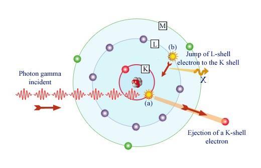 Σχήμα: Σχηματική παράσταση του φωτοηλεκτρικού φαινομένου στο οποίο φαίνεται και η εκπομπή χαρακτηριστικής ακτινοβολίας Κ (Φθορισμού) Αντίστοιχα εάν το φωτοηλεκτρικό φαινόμενο συμβεί στη στιβάδα L,