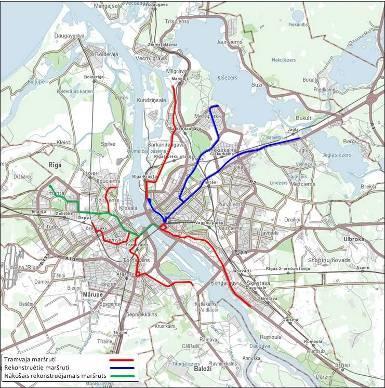 17.attēls. Rīgas tramvaju maršrutu tīkls (avots: RS, 2016.g.) Kopējās autotransporta plūsmas ietekme uz tramvaja reisu izpildi, salīdzinot ar autobusu un trolejbusu maršrutiem, ir minimāla 16 neizpildīti reisi gadā (0,003% no kopējā skaita).
