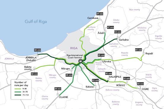 20.attēls. Pasažieru vilcienu maršruti un laiks līdz Rīgas centrālajai stacijai (avots: 1188.lv) Vislielākais skaits ar AS Pasažieru vilciens reisiem dodas uz visvairāk apdzīvotākajiem novadiem.