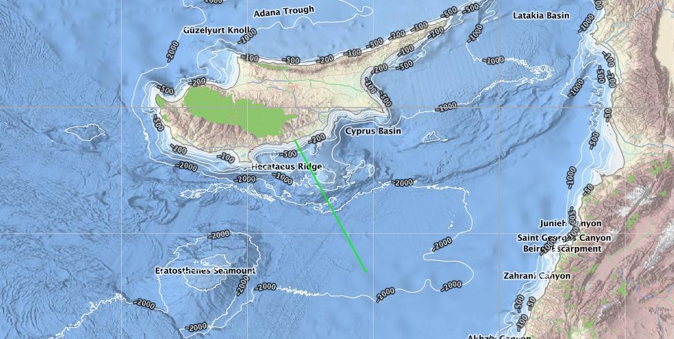 Αγωγός EastMed Αφροδίτη Leviathan Δηθόλα 3.8: Ζ δηαδξνκή ηνπ αγσγνύ από ηα θνηηάζκαηα πξνο ηελ Κύπξν Πεγή: http://www.emodnet-bathymetry.eu/ τον παραπάνω χάρτη (Εικόνα 3.
