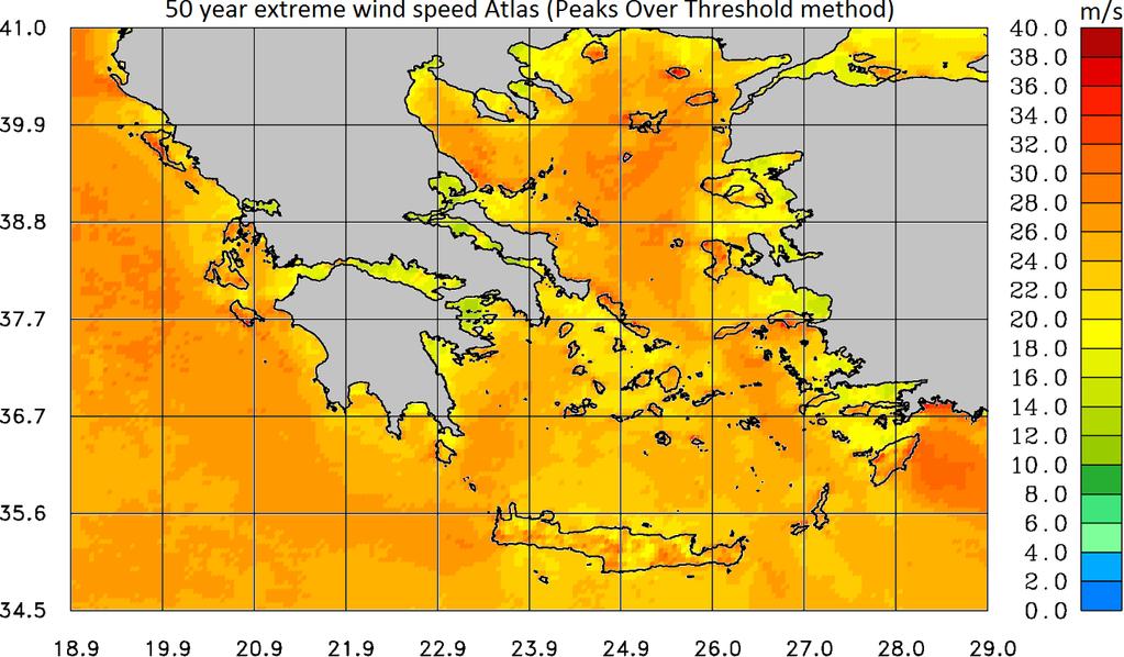 Εικόνα 55: Χάρτης ακραίων τιμών ανέμου με περίοδο επαναφοράς