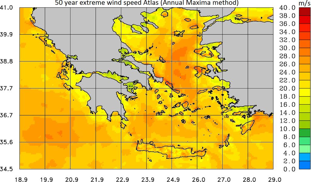 Εικόνα 57: Χάρτης ακραίων τιμών ανέμου με περίοδο