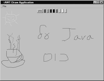 פרק : 7 גרפיקה ואנימציה 171 דוגמא: תכנית הציור - DrawApp גירסה שלישית התכנית כוללת את המרכיבים הבאים: תפריט File הכולל אפשרות הדפסה (Print) ויציאה מהתכנית.(Exit) כפתורים לבחירת צבע עבור הציור.