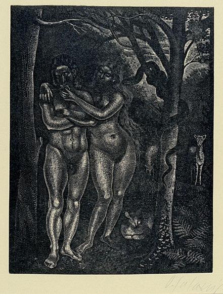 400-600 538 538 ΓΑΛΑΝΗΣ, Δημήτριος. Ἀδάμ καί Εὔα. Ξυλογραφία σέ ὄρθιο ξύλο, 250 x 190 mm. Ὑπογραφή στό κάτω περιθώριο μέ μολύβι. Σέ κορνίζα.