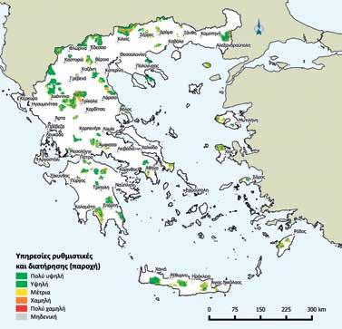 Εκτίμηση της παροχής προμηθευτικών υπηρεσιών (επάνω) και υπηρεσιών ρυθμιστικών και διατήρησης (κάτω), σε 91 ορεινές περιοχές