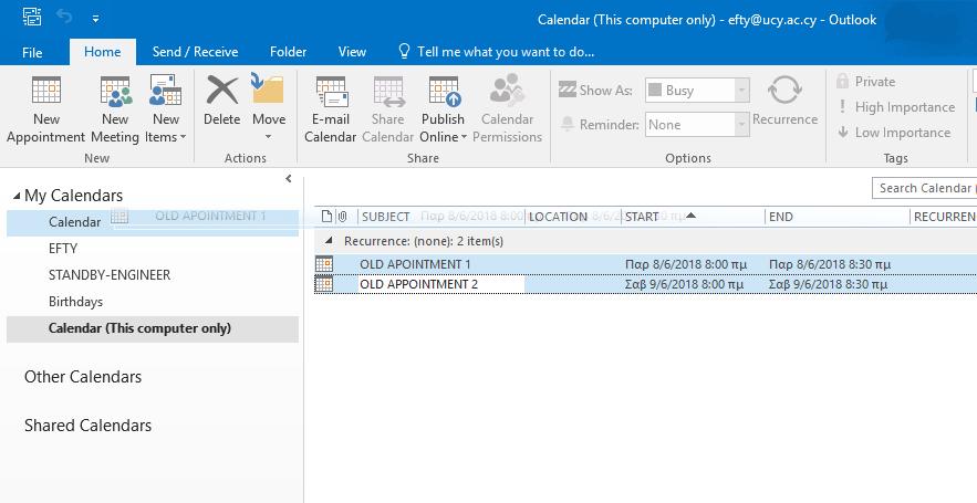 Στο view panel που φαίνονται τα ραντεβού στα δεξιά, πατώ <CTRL> + <A> για να επιλεχθούν όλα τα ραντεβού και μετά τα κάνω drag n drop με το ποντίκι πάνω στο «Calendar».