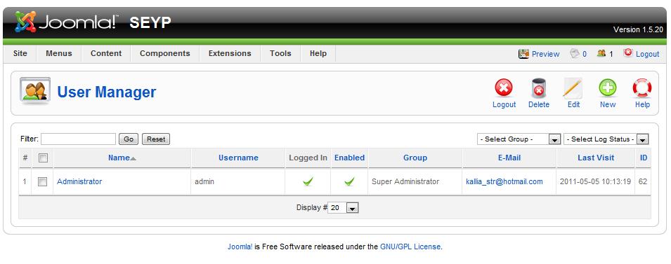 4.3.2. Διαχείριση Χρηστών User Manager Μια ιστοσελίδα θα ήταν νεκρή αν δεν υπάρχουν χρήστες να την επισκεφτούν.