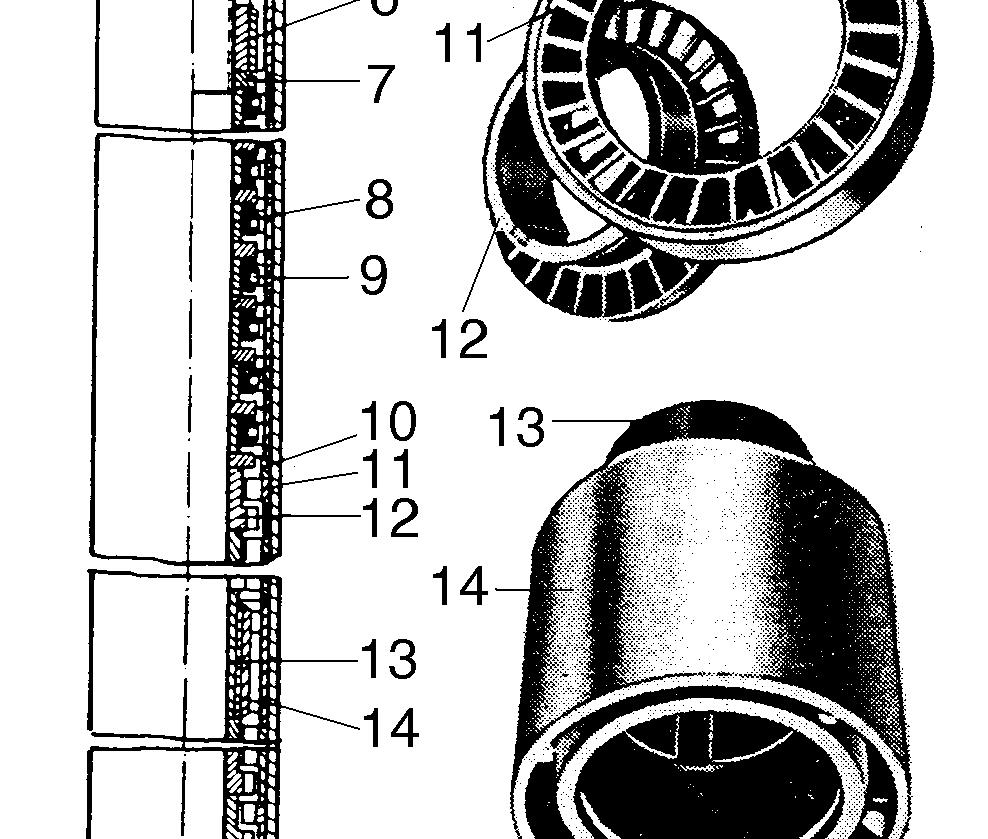 Sl. 4. Jednosekciona turbinska bušilica tipa T12M3B 9 1. Prelaz sa bušilice na teške šipke; 2. Kućište; 3. Osovina; 4. Matica; 5. Konus osigurač; 6. Dotezna matica rotirajućih delova na osovini; 7.
