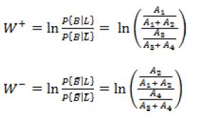 Συντελεστές βαρύτητας W + και W : A 1 και A 3 = πλήθος ψηφίδων κατολίσθησης και μη-κατολίσθησης σε μια δεδομένη κατηγορία A 2 και A 4 = πλήθος ψηφίδων κατολίσθησης και μη-κατολίσθησης στις υπόλοιπες