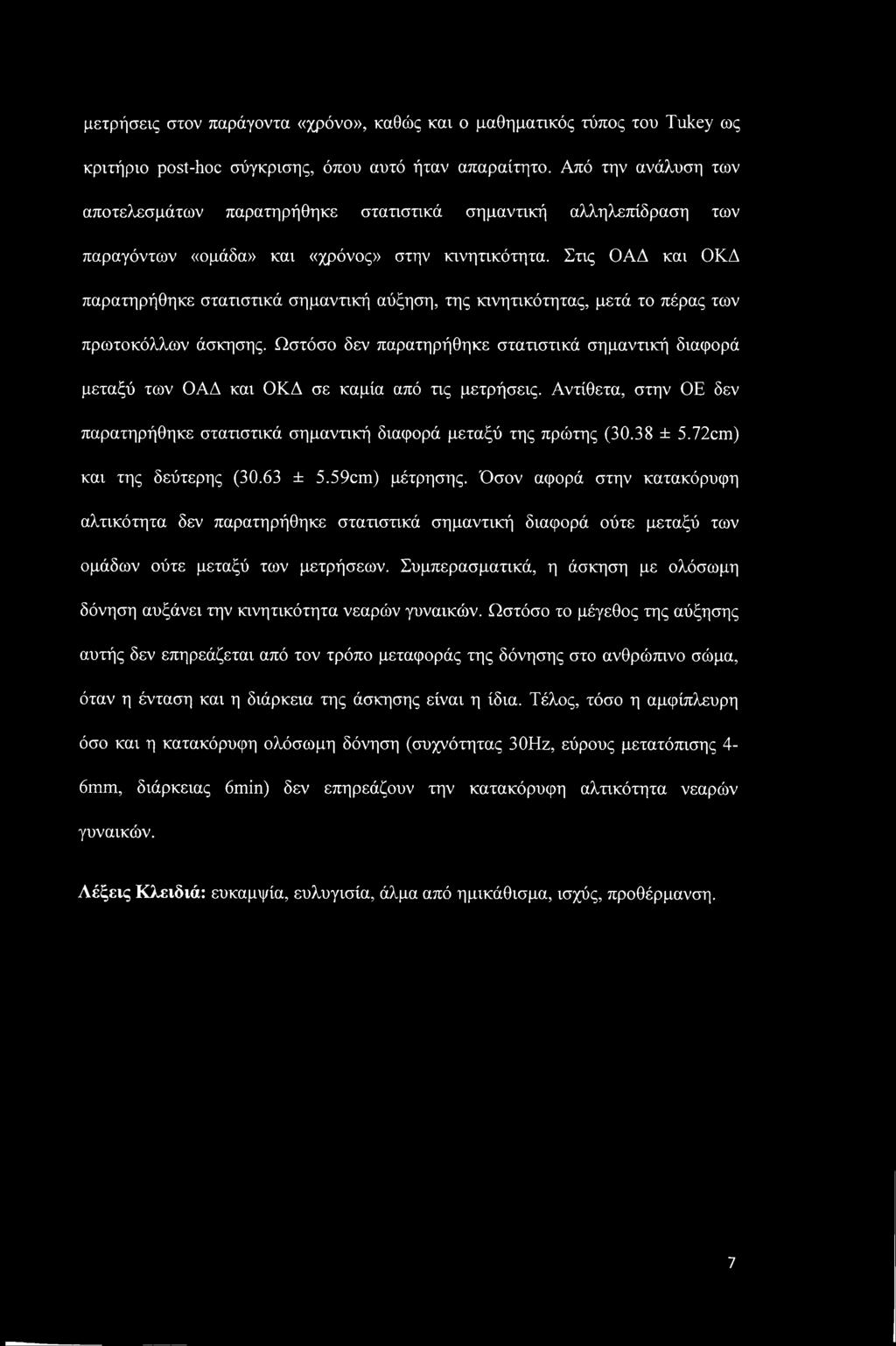 Στις ΟΑΔ και ΟΚΔ παρατηρήθηκε στατιστικά σημαντική αύξηση, της κινητικότητας, μετά το πέρας των πρωτοκόλλων άσκησης.