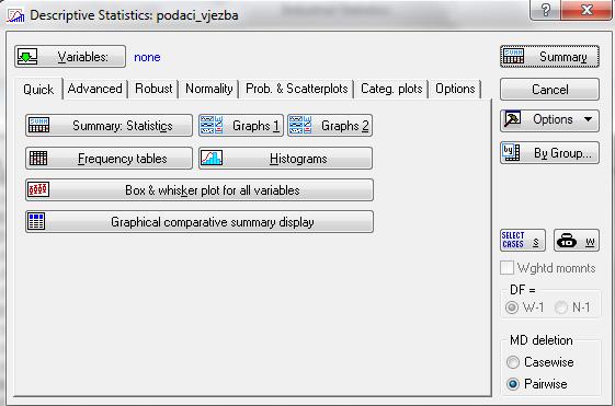 U tu svrhu poslužit će glavni izbornik Statistics kojeg možete pronaći unutar glavne alatne trake, te prije svega njegov prvi izbornik Basic Statistics and Tables namijenjen osnovnim statističkim