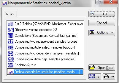 Prozor za odabir neparametrijskih testova. 4.