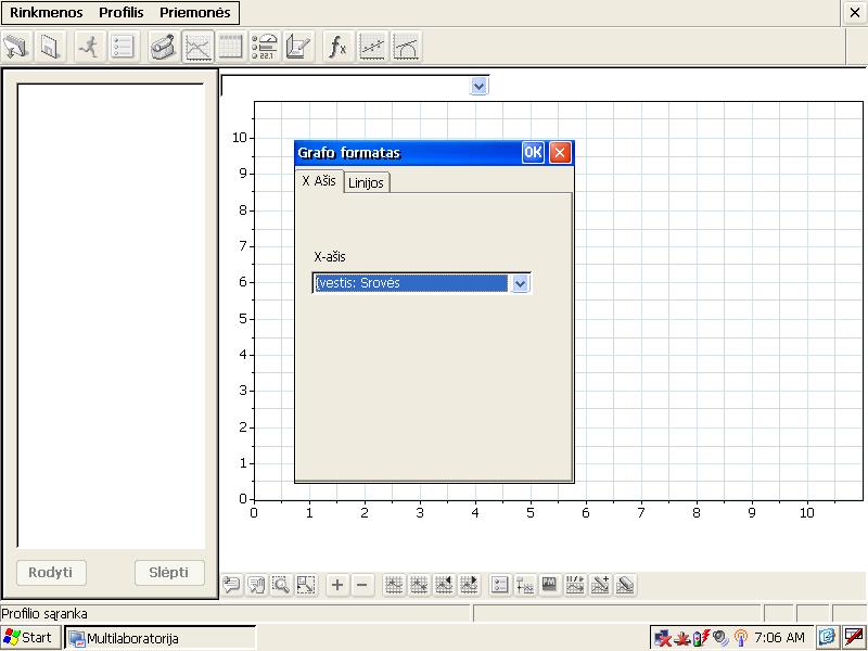 1 lentelė. Duomenų kaupiklio nustatymas JUTIKLIAI Srovės Įvestis 1(Input 1) 2,5 A Įtampos Įvestis 2(Input 2) 10 V NORMA Rankinis MATAVIMAI 20 matavimų 2. Matavimų procedūros: 2.1. Grafikų instrumentų lange paspauskite mygtuką Grafo formatas (Format graph).