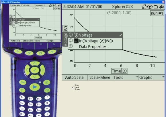 1.3.2. tuščiame langelyje įveskite ln(voltage(v)/v0): tuo tikslu paspauskite, po to paspauskite, kad atsidarytų Functions menu; rodyklių mygtukais pažymėkite ln () ir paspauskite.