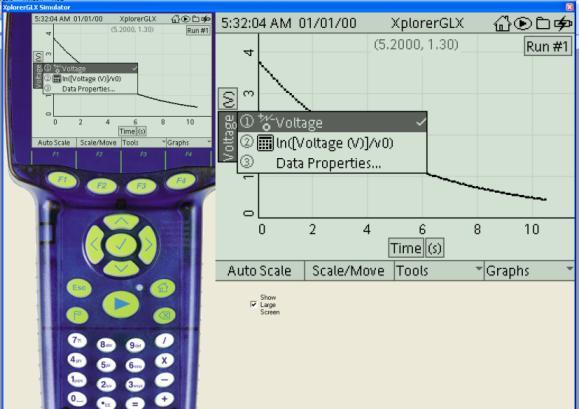 1.3.2. tuščiame langelyje įveskite ln(voltage(v)/v0): tuo tikslu paspauskite, po to paspauskite, kad atsidarytų Functions menu; rodyklių mygtukais pažymėkite ln () ir paspauskite.