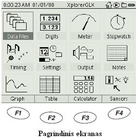 1.3.4 PAGRINDINIO EKRANO FUNKCIJOS Visos siūlomos GLX funkcijos išdėstytos pagrindiniame ekrane. Pagrindinį ekraną (17 pav.) sudaro nuorodos, apatinė eilutė ir viršutinė eilutė.