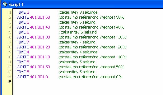 n (%) 58% 58% 40% 30% 20% 10% 5s 6s 7s 4s 5s 5s t (s) "Script datoteka" ima naslednjo obliko: Za ukazom WRITE sledi: - številka parametra, ki ga spreminjamo - številka indeksa (regulator lahko