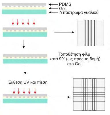Εικόνα 6.4 Σχηματική απεικόνιση αποτύπωσης πρότυπων φραγμάτων με Λ=1μm σε δύο κατευθύνσεις X-Y. Η διαδικασία περιελάμβανε δύο διαδοχικές εκθέσεις με ενδιάμεσα βήματα: 13.