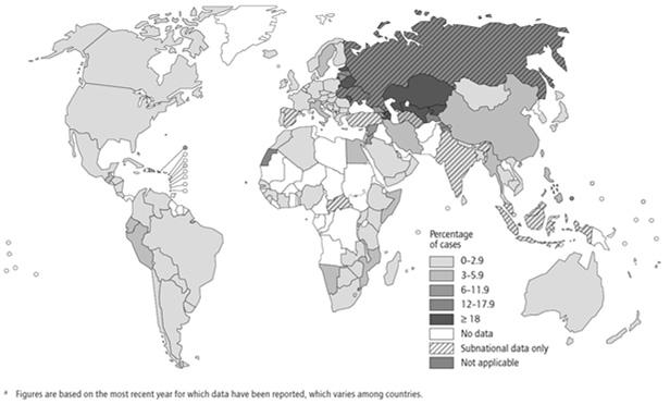 Φυματίωση Proportion of MDR among new TB cases 1994 2011 The boundaries and names shown and the designations used on this map do not imply the expression of any opinion whatsoever on the part of the