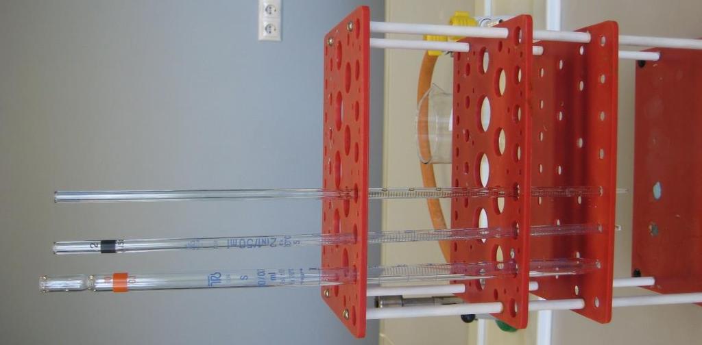 A) B) Joonis 15. Mõõtepipetid. Joonisel A) on toodud mõõtepipeti üldskeem ja joonisel B) erineva suurusega mõõtepipetid statiivil.