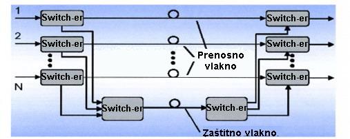 6, respektivno. Plavom bojom je označena radna putanja, a crvenom restauraciona. Mesto kvara je označeno sa p. Slika 5.5 Primer restauracije linkova Slika 5.