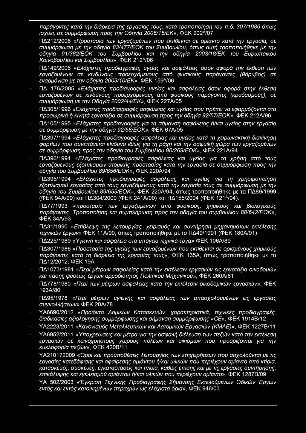 0/ όπως ισχύει, σε συμμόρφωση προς την Οδηγία 00I/ΕΚ», ΦΕΚ 0Α/Ο ΠΔ/00 «Προστασία των εργαζομένων που εκτίθενται σε αμίαντο κατά την εργασία, σε συμμόρφωση με την οδηγία I/ΕΟΚ του Συμβουλίου, όπως