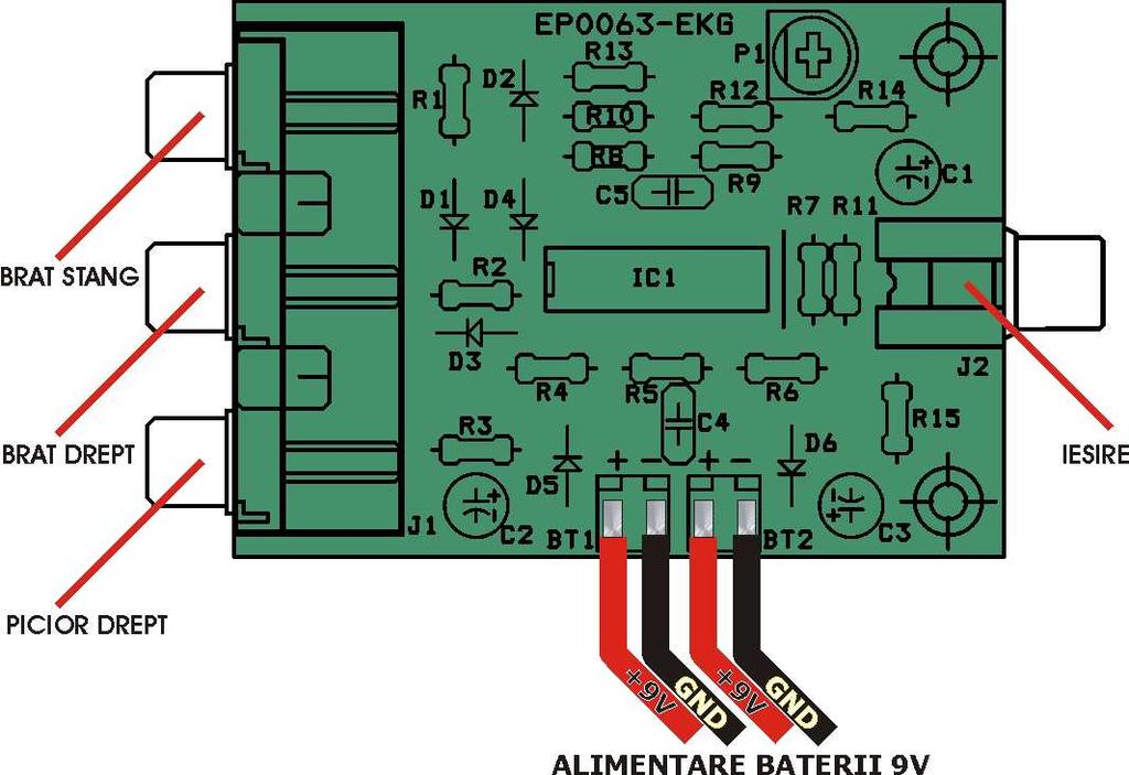 Amplasarea componentelor Lista componentelor Nr.Crt. Componenta Denumire Valoare Cant 1 BT1,BT2 Soclu baterie 9V 2 2 C1 Condensator pol. 22µF 1 3 C3,C2 Condensator pol. 10µF 2 4 C4,C5 Condensator n.p. 100nF 2 5 D1,D2,D3,D4 Diodă 1N4148 4 6 D6,D5 Diodă 1N4007 2 7 IC1 C.