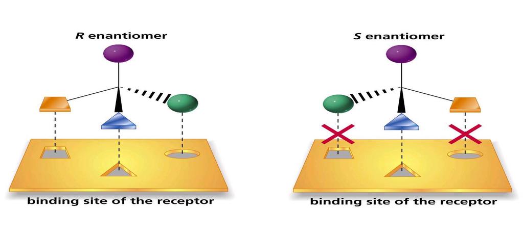 Interacţiunea unui medicament chiral cu receptorul specific determină un profil farmacologic diferit întrucât receptorul recunoaşte doar un singur enantiomer (S) sau (R); Pentru ca medicamentul să