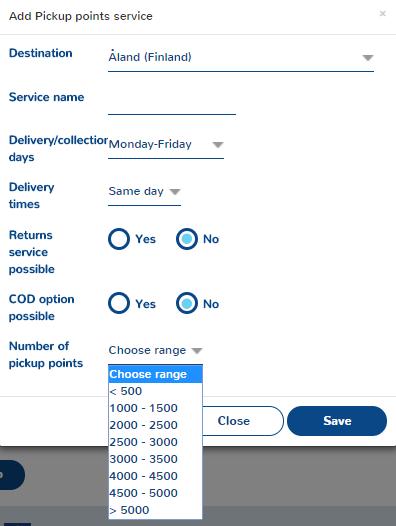 Parcel delivery vendors 2/3 The above service table is automatically populated based on your entries at the previous step, regrouped by origin countries.