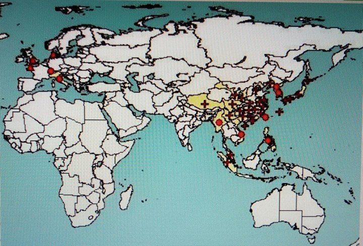 Ενδεικτικά οι χώρες ή πόλεις όπου καταγράφεται το A.chinensis φαίνονται στην εικόνα 3.27 και αναλυτικά είναι: Εικόνα 3.15 Χάρτης με τις χώρες ή πόλεις όπου έχει παρουσιαστεί το A.chinensis ΑΣΙΑ 1.