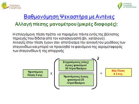 με το μέγεθος του ακροφυσίου σύμφωνα με τους πίνακες των κατασκευαστών, ώστε να επιτευχθεί η σωστή εκροή για τον απαιτούμενο όγκο εφαρμογής.