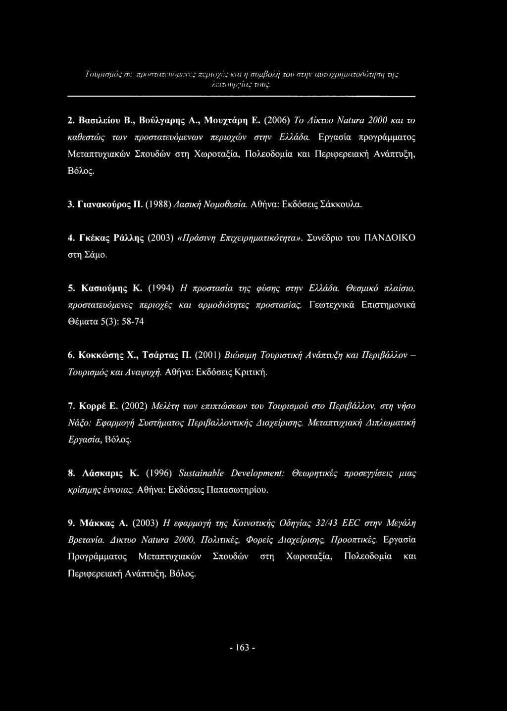 Γιανακούρος Π. (1988) Δασική Νομοθεσία. Αθήνα: Εκδόσεις Σάκκουλα. 4. Γκέκας Ράλλης (2003) «Πράσινη Επιχειρηματικότητα». Συνέδριο του ΠΑΝΔΟΙΚΟ στη Σάμο. 5. Κασιούμης Κ.