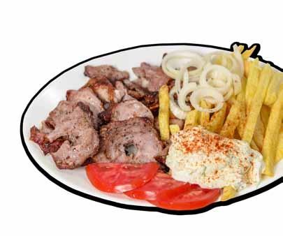 Kebab (portion) Sausage (portion) Seftalia Όλα τα πιάτα συνοδεύονται από πατάτες Νάξου, τζατζίκι, κρεμμύδι, ντομάτα