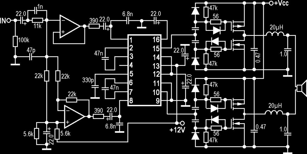 21124 shows a typical application Type Case Vccmn Vccmx Icc0 Poutmx RL Bw Rin THD Gvc Mnf YDA175-QZ QFN-32 5.0V 18.0V 31mA 2x15W 4Ω 20Hz-20kHz 3.3MΩ 0.05% 0dB.