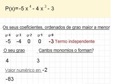É importante que saibas identificar os coeficientes dun polinomio segundo o seu grao, se P(x)=x 3 +2x- 4, o seu grao é 3 e o seu coeficiente de grao
