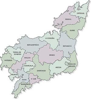 A Mariña Ortegal: Mariñas Occidental, Central, Oriental e Ortegal A Coruña-Ferrol: Ferrol, Eume, Betanzos e A Coruña Costa da Morte: Bergantiños, Terras de Soneira, Fisterra e Muros.