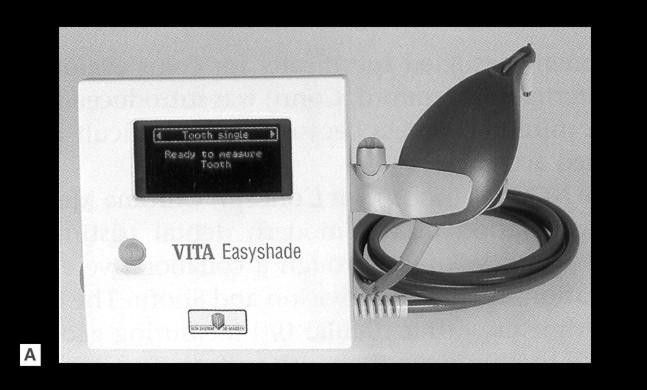 Cap. 6. Colorimetria în medicina dentară 61 Fig. 6.14. Spectrofotometru Vita Easy shade (Vident): A: unitatea de bază cu piesa de mână inserată pe suport; B.