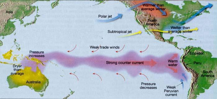 Η ανάδυση ψυχρών υδάτων στην περιοχή των ακτών του Περού μπορεί να παρεμποδιστεί από την κίνηση θερμού επιφανειακού νερού από τα δυτικά προς τα ανατολικά κατά τη διάρκεια του φαινομένου