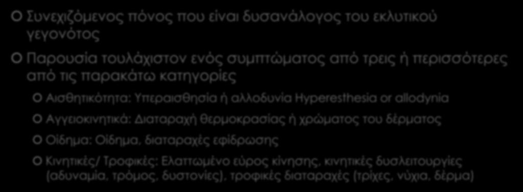 Διαγνωστικά κριτήρια IASP International Association for the Study of Pain υνεχιζόμενος πόνος που είναι δυσανάλογος του εκλυτικού γεγονότος Παρουσία τουλάχιστον ενός συμπτώματος από τρεις ή