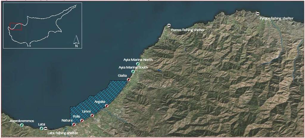 Περιοχή μελέτης - Κύπρος Το Έργο επικεντρώνεται στην περιοχή Πόλις-Γιαλιά Natura 2000 (CY4000001), και το λιμάνι του Λατσιού, και τα αλιευτικά καταφύγια Πωμού και Κάτω