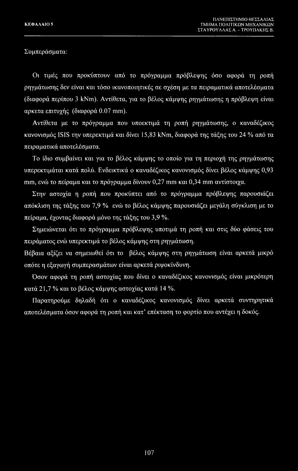 Αντίθετα, για το βέλος κάμψης ρηγμάτωσης η πρόβλεψη είναι αρκετα επιτυχής (διαφορά 0.07 mm).