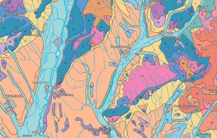 Rajóny predkvartérnych hornín : Sv - rajón vápencovo-dolomitických hornín Ni - rajón jemnozrných sedimentov Rajóny kvartérnych hornín P - rajón proluviálnych sedimentov D - rajón deluviálnych