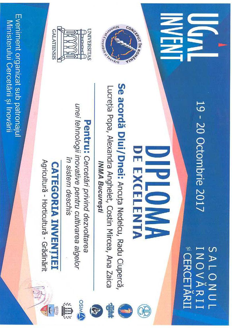 2. Participare la Salonul UGAL INVENT 2017 organizat de Universitatea Dunărea de Jos din Galați și partenerii săi, în perioada 19-20 octombrie 2017: Fig.19. Diplomă de excelență - Salonul UGAL INVENT 19-20 octombrie 2017 3.