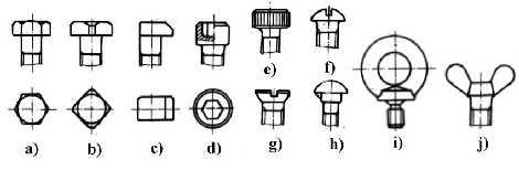 Asamblări 63 - forma capului: hexagonal (fig. 8.a); pătrat (fig. 8.b); ciocan (fig.8.c); striat (fig. 8.e); semirotund crestat (fig. 8.f); înecat crestat (fig.8.g); fluture (fig. 8.j); inel (fig. 8.i); semirotund şi nas (fig.