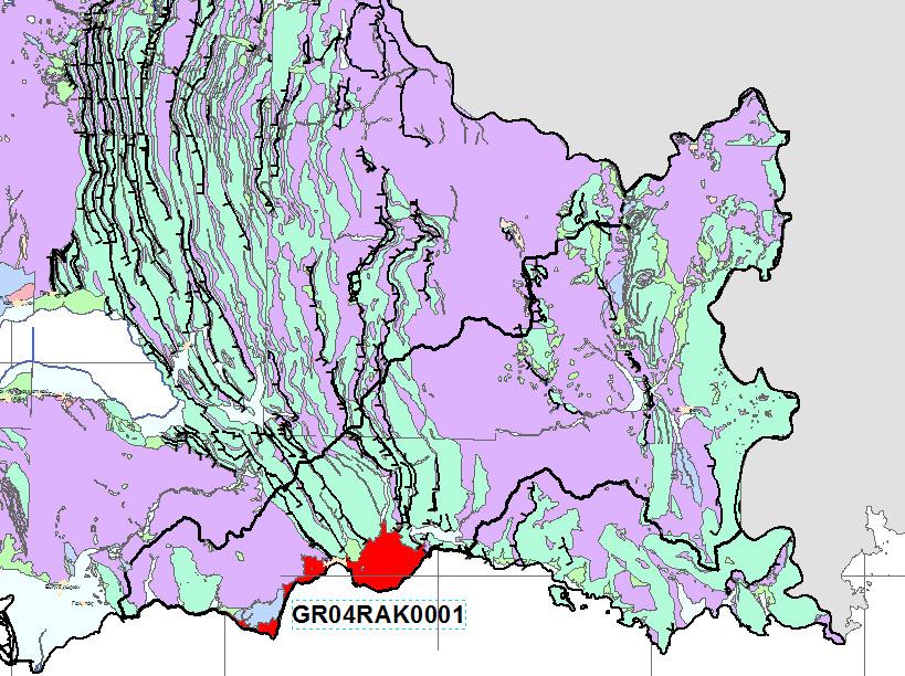 Σχ. 7-2: Απεικόνιση της Ζώνης Δυνητικά Υψηλού Κινδύνου Πλημμύρας (ΖΔΥΚΠ) GR04RΑK0001 της περιοχής «Δέλτα π. Μόρνου παράκτιες περιοχές Ναυπακτίας» επί του ψηφιοποιημένου υδρολιθολογικού χάρτη του Υ.Δ. Δυτικής Στερεάς (ΥΠΑΝ.
