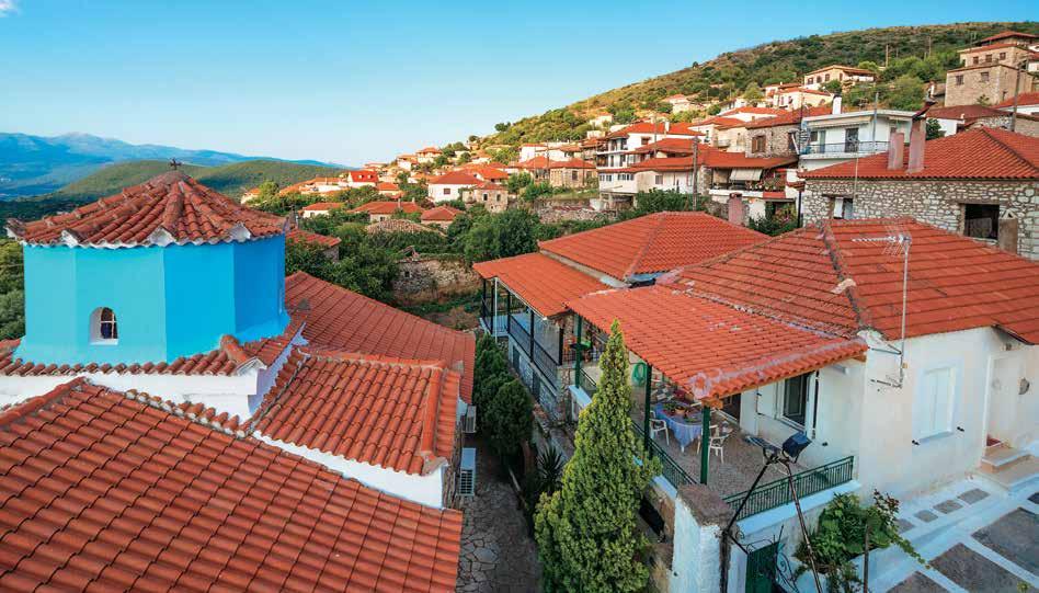 Γενική άποψη του χωριού Αετός. Διαθέτει παλιά πέτρινα σπίτια με κήπους και περιποιημένες αυλές. General view of Aetos village. It has old stone houses with gardens and neat yards.