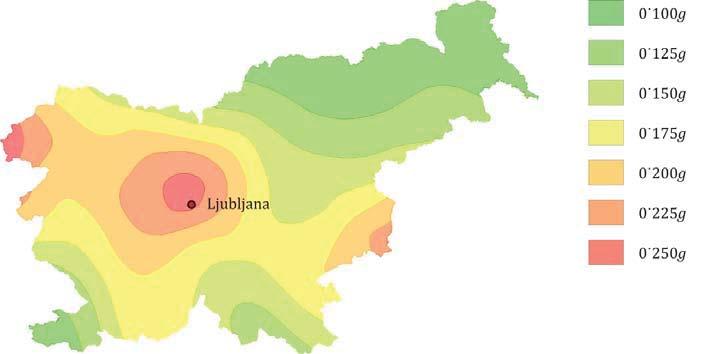 Slika 21: Projektni pospešek temeljnih tal "tipa A" za področje Slovenije (potres s povratno dobo 475 let) Potresna obremenitev na objekt je odvisna predvsem od temeljnih tal in drugih parametrov,