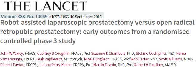 Πρόσφατη RCT µεταξύ ανοικτής και ροµποτικά υποβοηθούµενης προστατεκτοµής Lancet 2016: Phase 3 RCT Open (151pts)