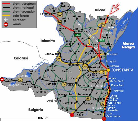 rutier Giurgeni-Vadu Oii. Alte sosele mai importante sunt Harsova-Tulcea, Macin- Tulcea, Constanta-Negru Voda, Constanta-Basarabi-Ostrov si Constanta-Tulcea.